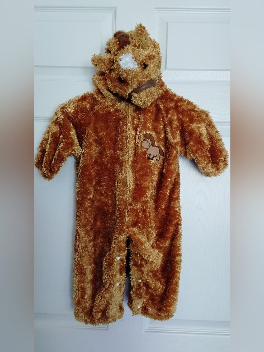 Cozy Brown Fuzzy Pony Baby One-Piece Costume with Hood